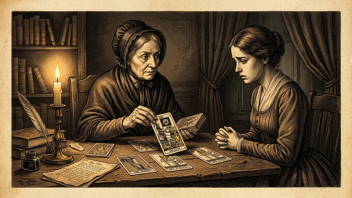 Historical chiaroscuro engraving depicting an experienced reader and a querent sitting across an antique wooden table during a tarot consultation