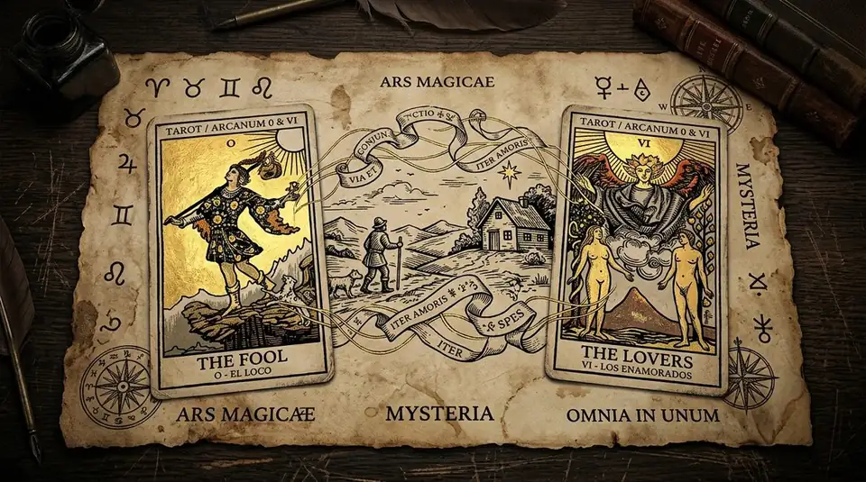Scholarly study diagram demonstrating relational card combinations in tarot spreads