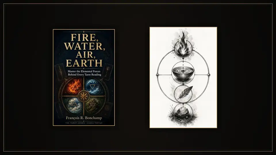 Alchemical engraving depicting the four elements Fire Water Air Earth as applied to tarot suits