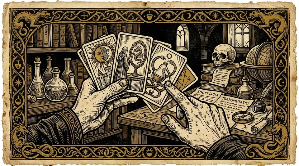 Medieval illuminated manuscript illustration showing the visual symbolic grammar of tarot iconography